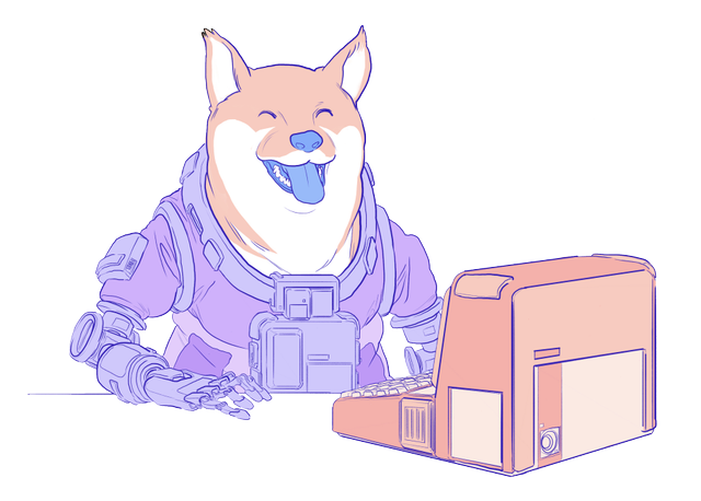 Illustration of a doge using a computer.