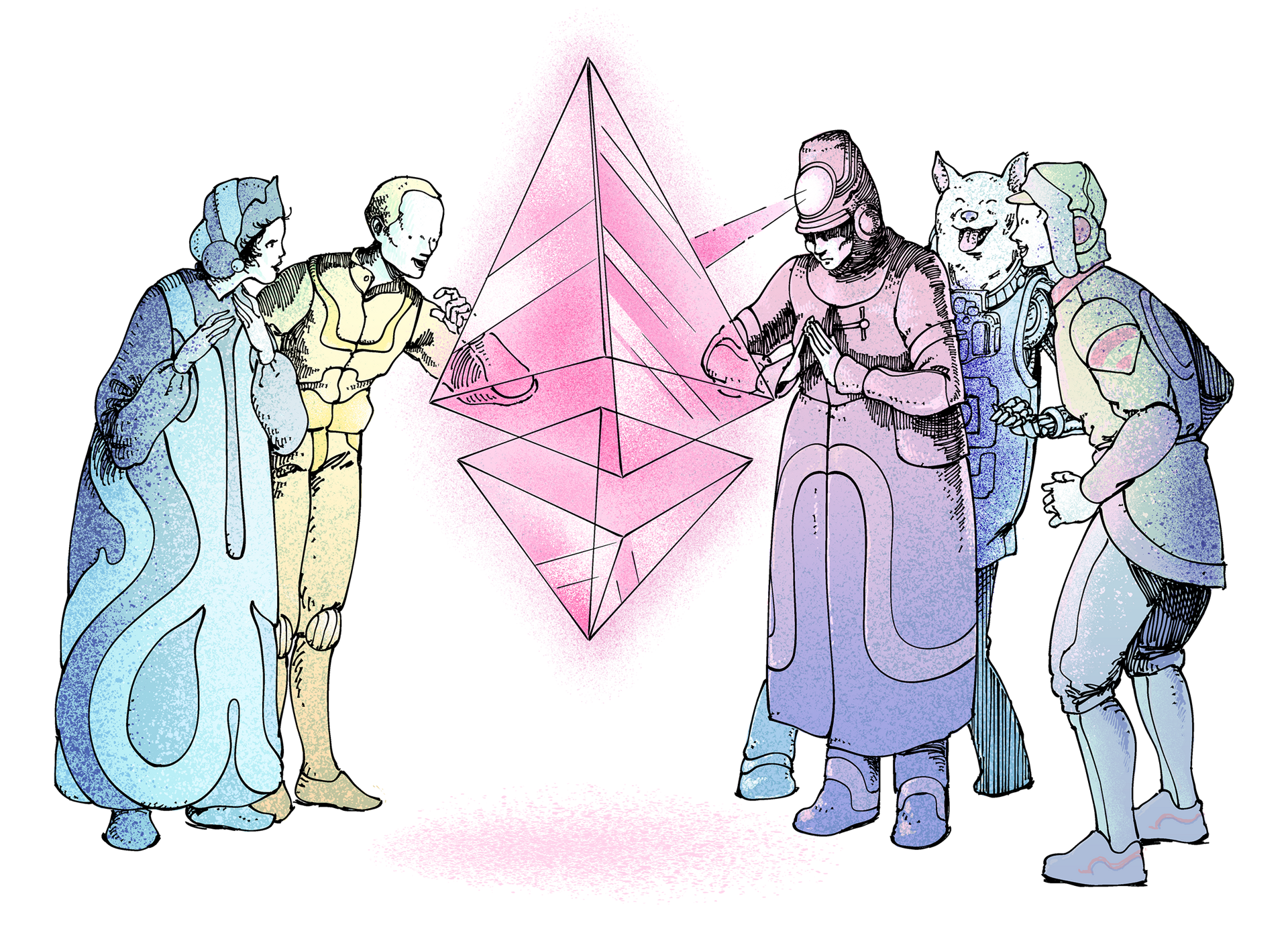 Four futuristic humans and a doge gazing into an Ethereum prism