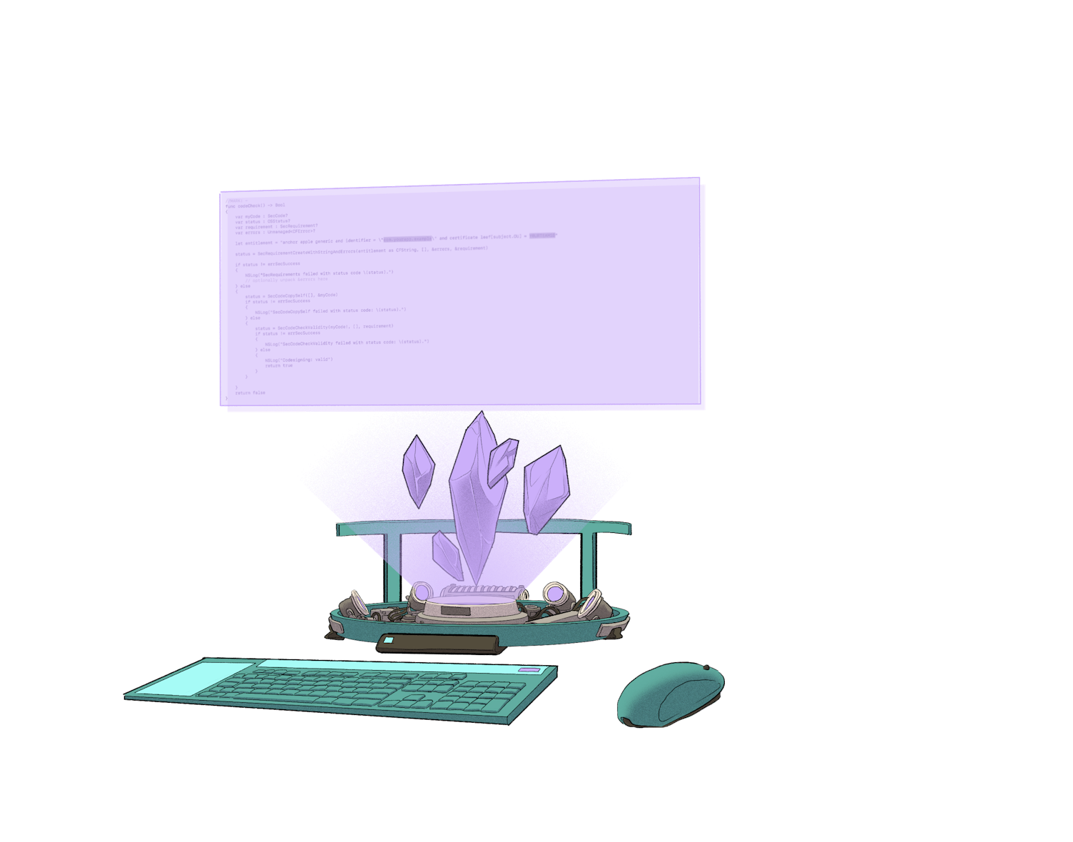 Illustration of a futuristic computer set up, powered by Ethereum crystals.