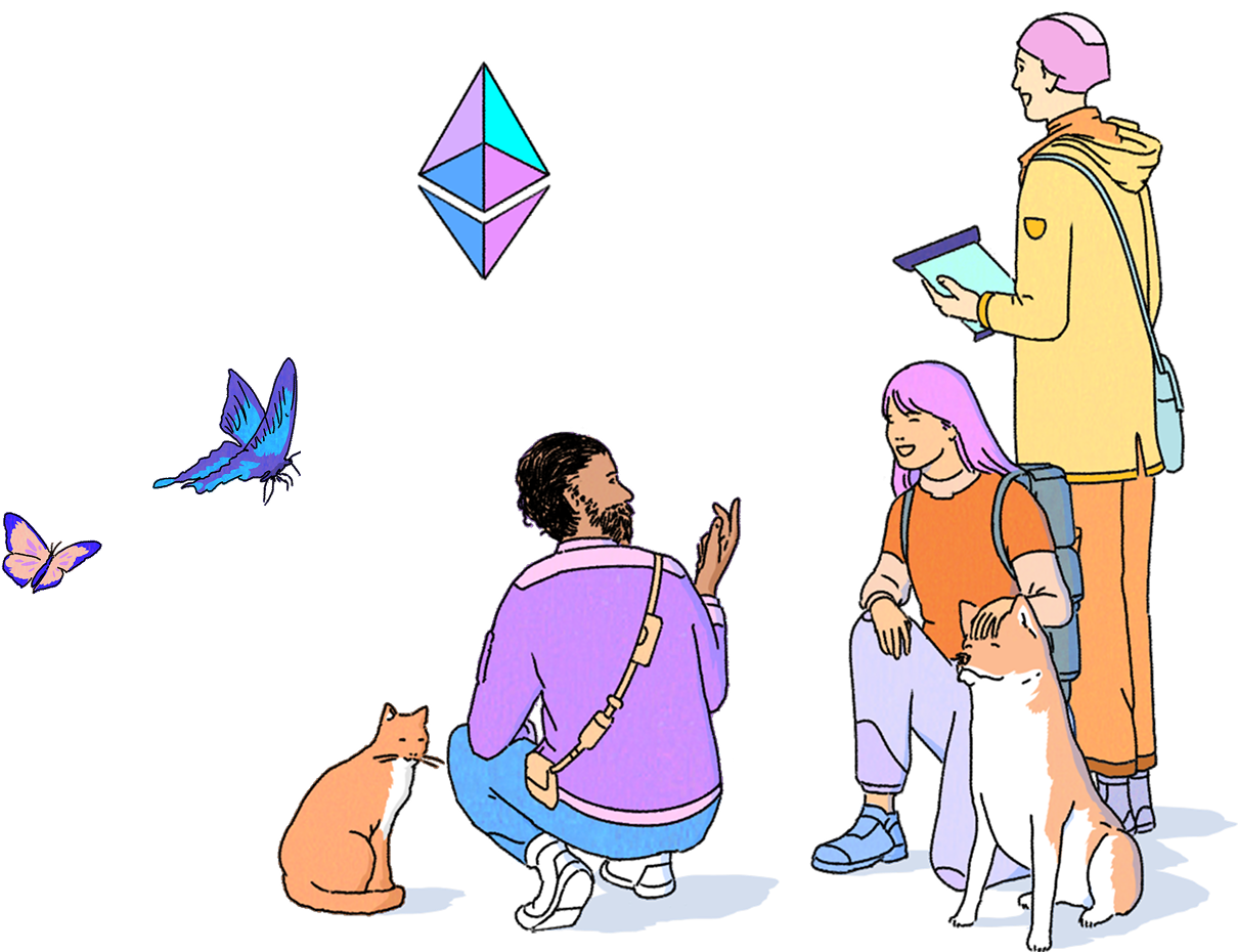 An illustration of people and their pets gathered around a floating Ethereum logo.