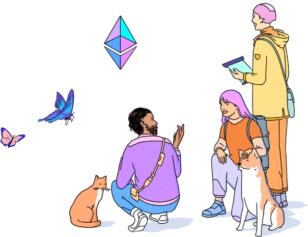 An illustration of people and their pets gathered around a floating Ethereum logo.