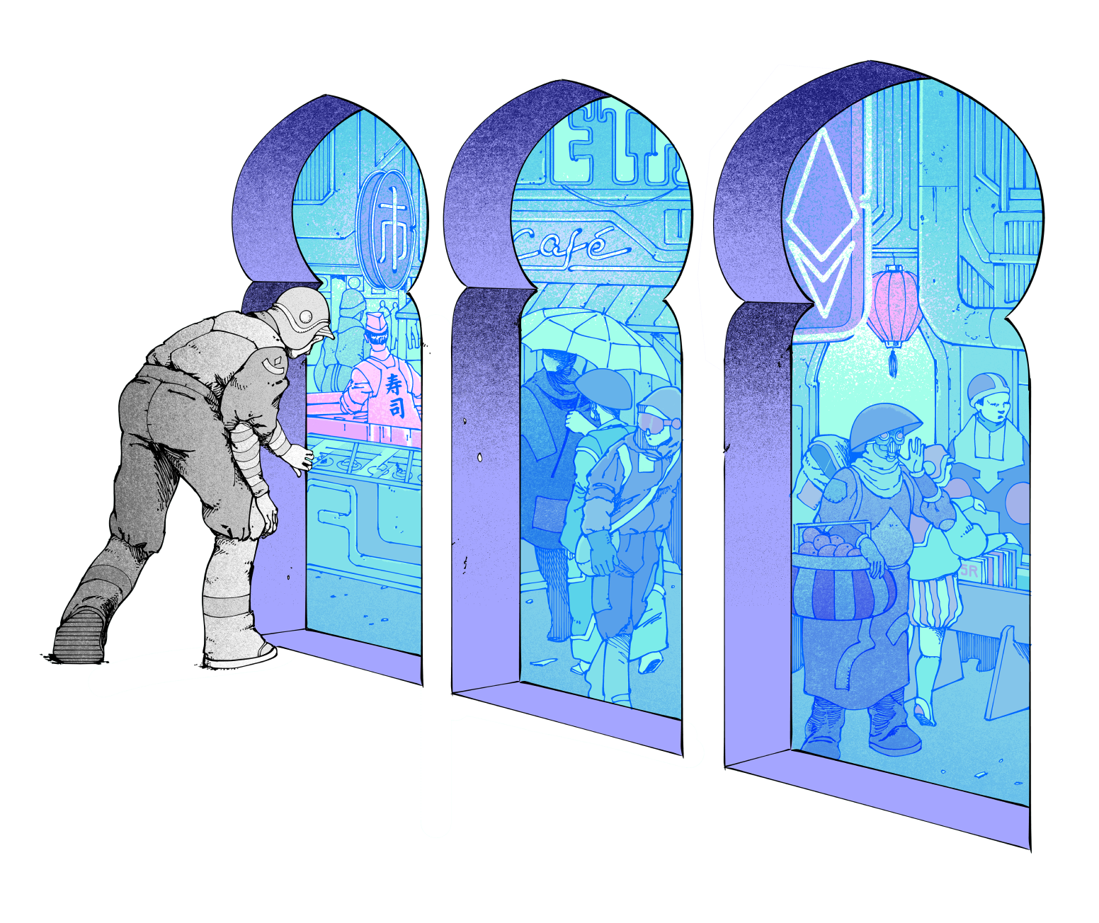 Illustration of a person peering into a bazaar, meant to represent Ethereum