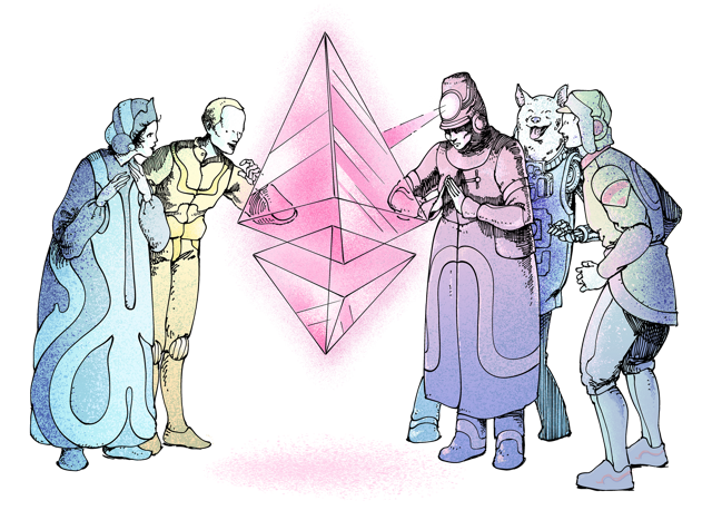 Illustration of a group of people marvelling at an ether (ETH) glyph in awe.