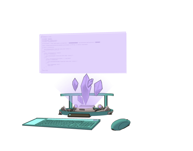 Illustration of a doge using a computer.